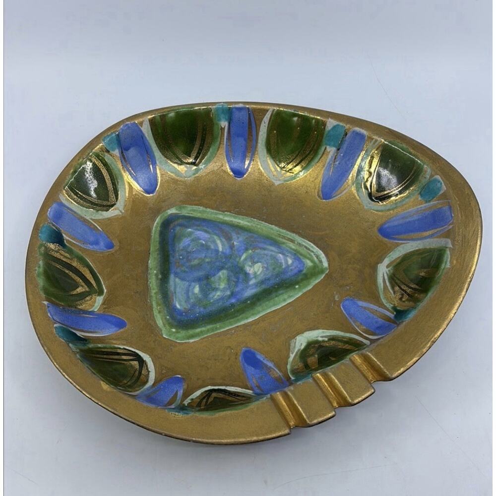 Sascha Brastoff MCM Enamel Metal Ashtray Signed Triange Atomic Gold/Blue/Green